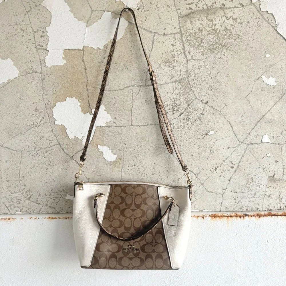 Coach Kelsey Satchel Colorblock Signature‎ Canvas Leather Bag Snakeskin C7261